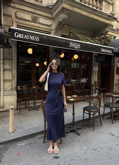 Osy Modal Yumuşak Dokulu Kumaş Bisiklet Yaka Kısa Kollu Kuşaklı Uzun Elbise - Mavi