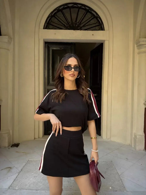 Osy Modal yumuşak dokulu Kumaş Kadın Parçalı Bisiklet Yaka T-shirt Mini Şortlu Etek İkili Takım - Siyah