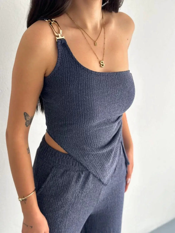 Asimetrik Crop Pantalon ikili Takım - Lacivert