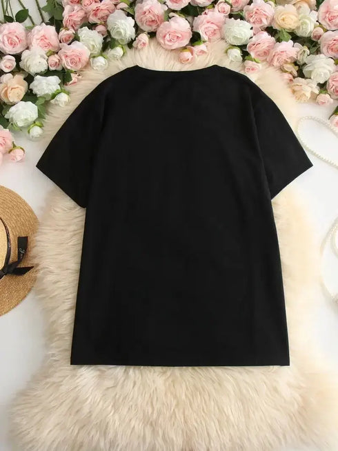 Kadın Beyaz "I've Got Your Back" Grafik Tişört - Eğlenceli Çubuk Tasarımlı Oversize Günlük Kısa Kollu Tişört, Polyester Örgü, Yuvarlak Yaka, İlkbahar ve Yaz için Mükemmel, Günlük Giyim Tişört | Eğlenceli Tasarım | Polyester Kumaş- Siyah