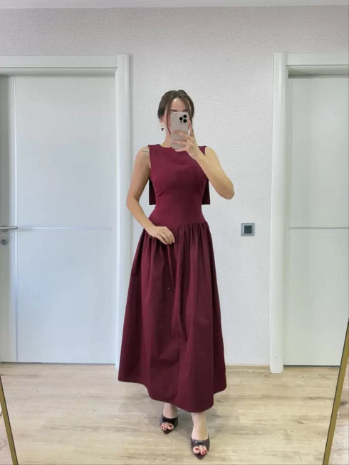 Arkası Kanatlı Uzun Kadın Elbise- Bordo