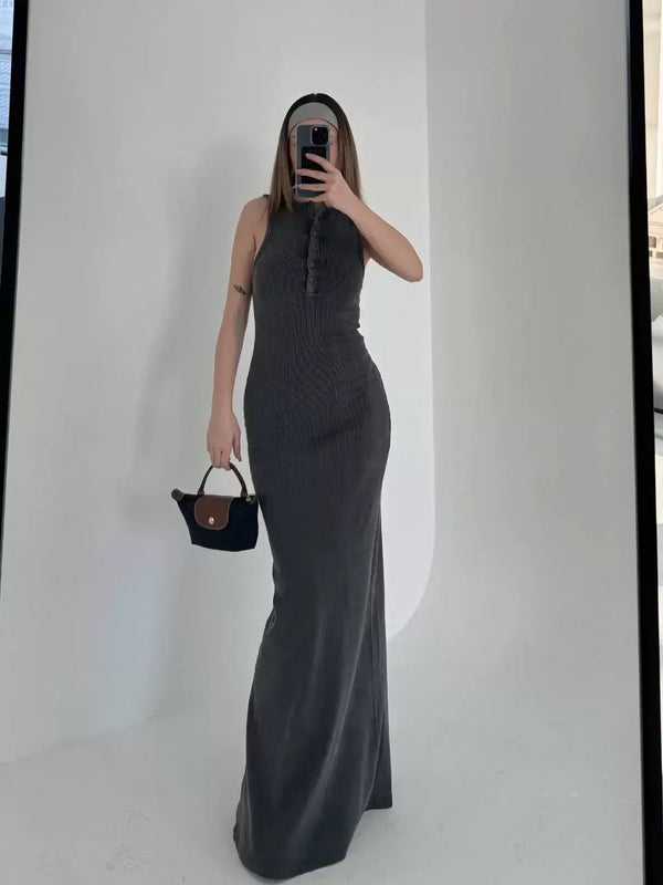 Yırtmaç Detaylı Kolsuz Düğmeli Yıkamalı Uzun Elbise - Antrasit