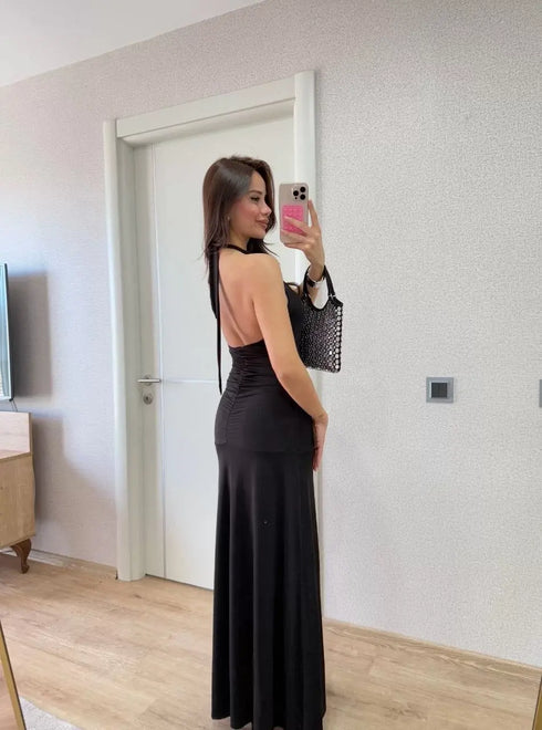 Sırt dekolteli Uzun Kollu Elbise - Siyah