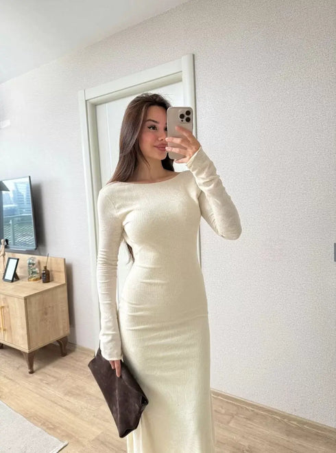 Sırt dekolteli Uzun Kollu Elbise - Kırık Beyaz