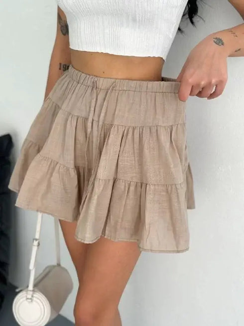 Keten Şortlu Etek - Açık Kahve