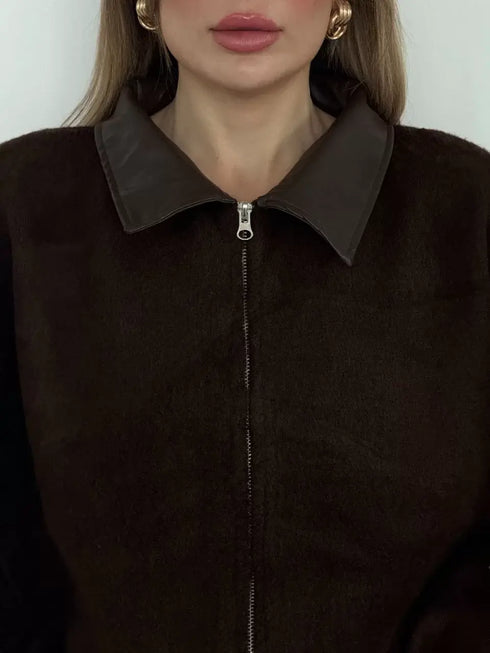 Deri Yakalı Pamuk dokulu Çift Taraflı Çalışan Fermuar Ceket - kahve