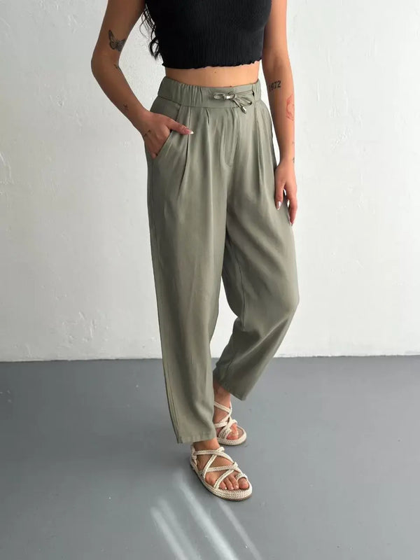Tencel Kadın Yüksel Bel Beli Bağcıklı Cepli Rahat Paça Pantalon - Su Yeşili
