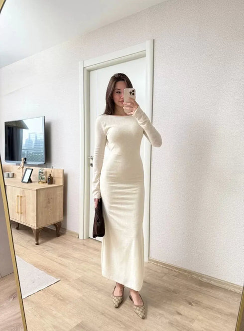 Sırt dekolteli Uzun Kollu Elbise - Kırık Beyaz