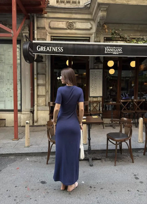 Osy Modal Yumuşak Dokulu Kumaş Bisiklet Yaka Kısa Kollu Kuşaklı Uzun Elbise - Mavi