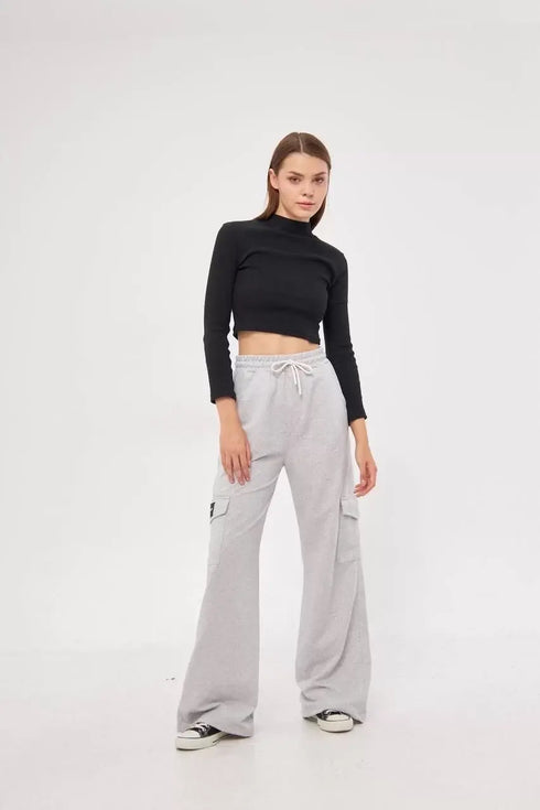 Kargo Cepli Palazzo Oversize Kesim İki iplik Bol Paça Eşofman Altı Pantalon - Gri