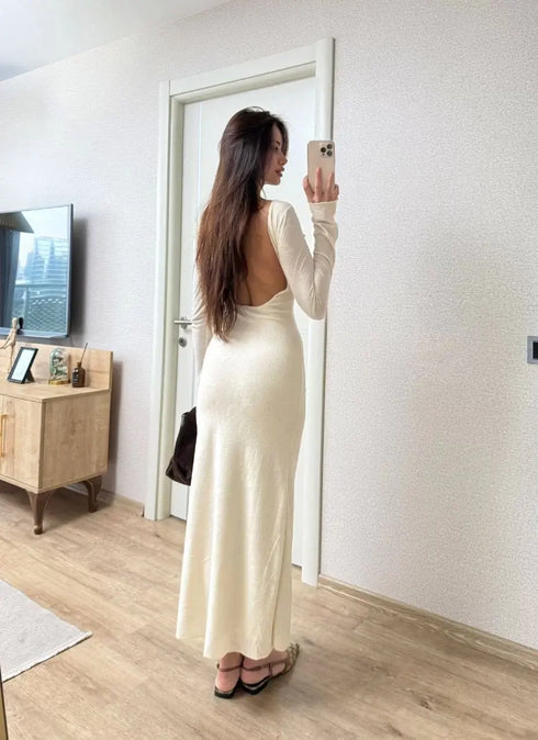 Sırt dekolteli Uzun Kollu Elbise - Kırık Beyaz