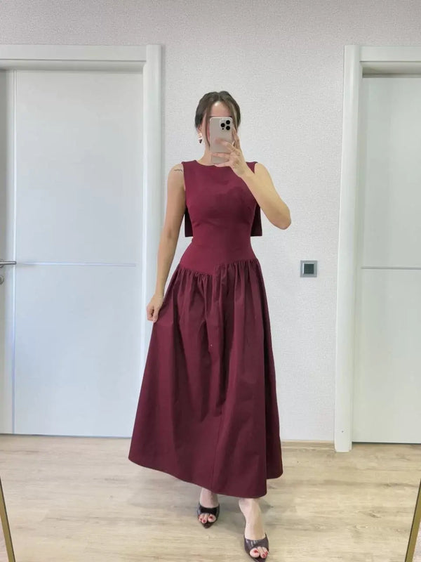 Arkası Kanatlı Uzun Kadın Elbise- Bordo