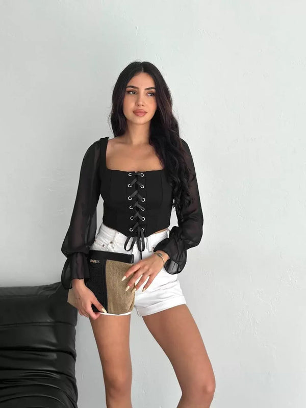 Sırt Dekolteli Bağacıklı Uzun Kollu Bluz - Beyaz