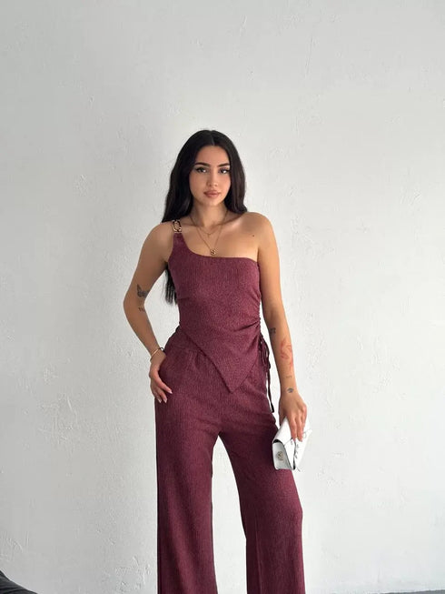 Asimetrik Crop Pantalon ikili Takım - Gül Kurusu