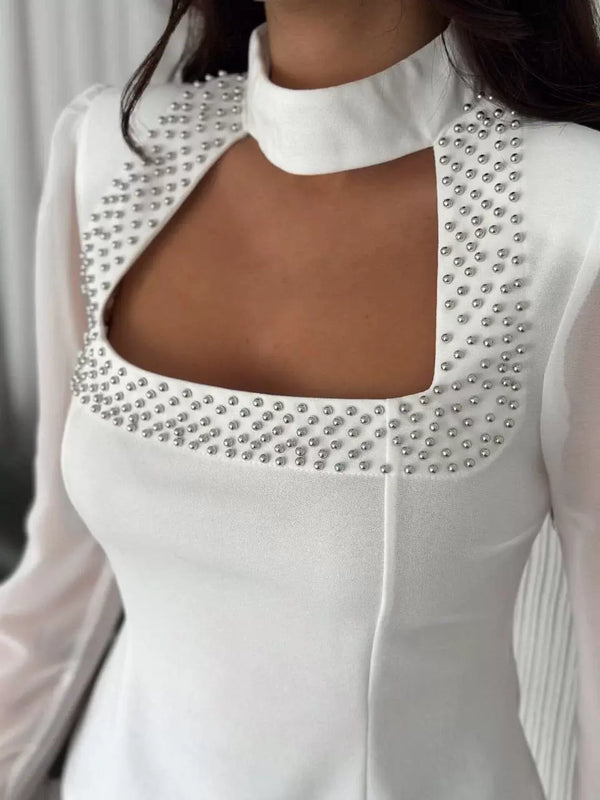 Kadın Kolları Şifon Göğüste İnci Boncuk detaylı Bluz - Beyaz