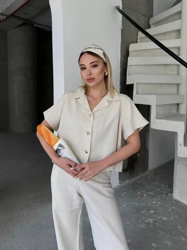 Keten Kısa Kollu Gömlek Pantolon ikili Takım - Beyaz