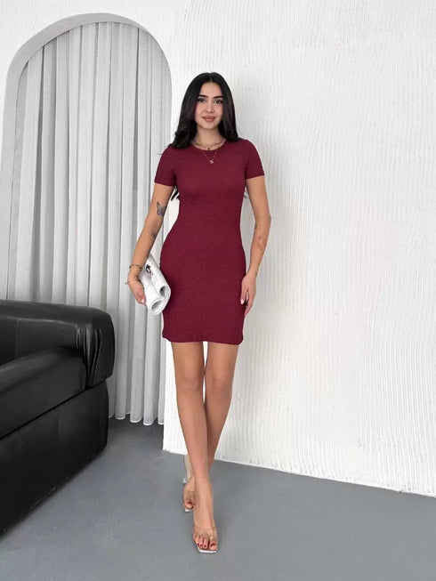 Kadın Bisiklet Yaka Kısa Kol Likralı Elbise - Bordo