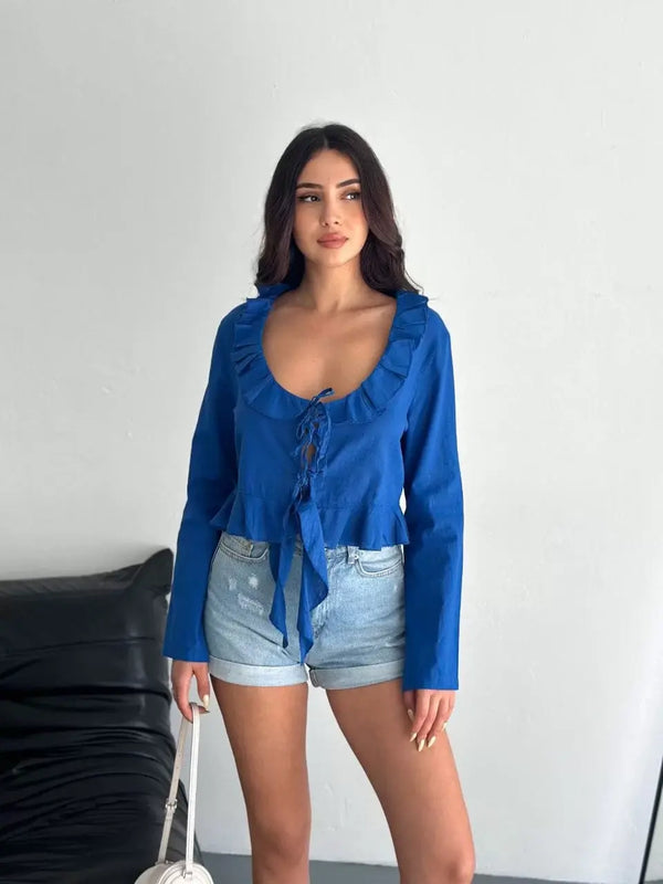 Keten Uzun Kol Bağacık Detaylı Bluz - Lacivert