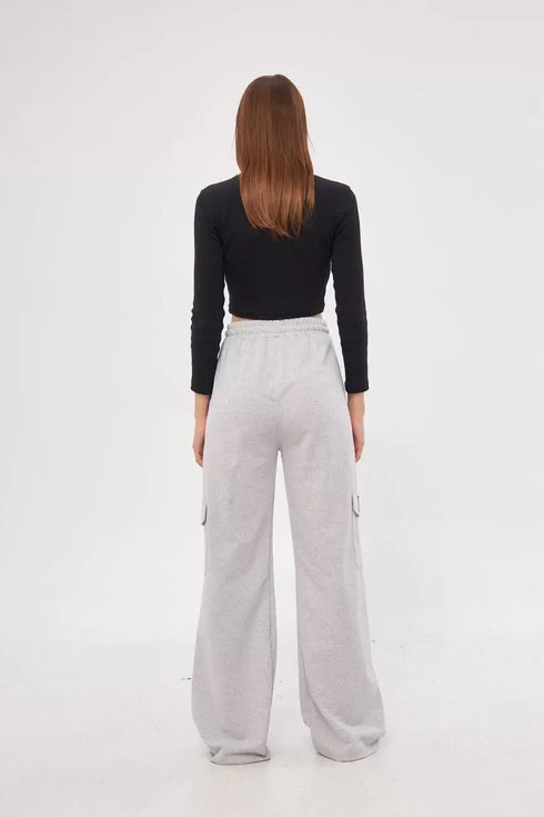 Kargo Cepli Palazzo Oversize Kesim İki iplik Bol Paça Eşofman Altı Pantalon - Gri