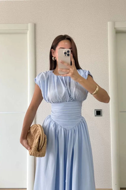 Kadın Kolsuz Bel Detaylı Yazlık Poplin Kumaş Uzun Elbise - Mavi