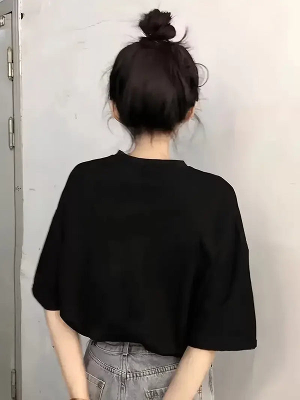 Baskılı Oversize Bisiklet Yaka T-shirt - Siyah