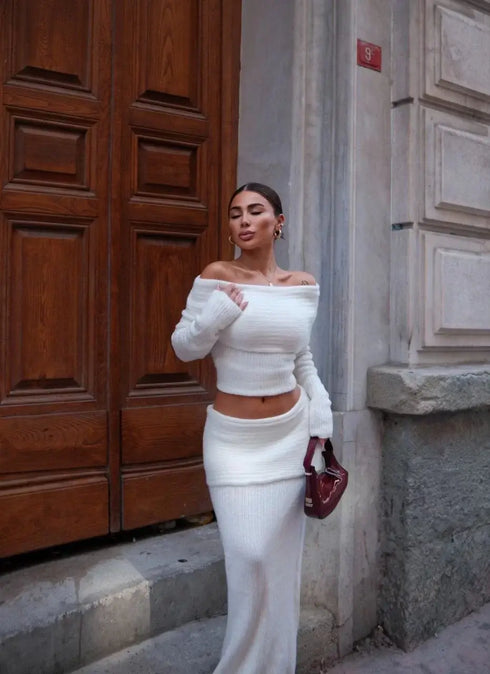 Straplez , Madonna , Carmen Yaka Croplu Uzun Etekli ikili Takım Triko - Beyaz