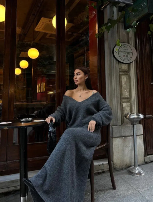 V Yaka Straplez Yaka Buluz Uzun Etekli ikili Takım Triko - Antrasit