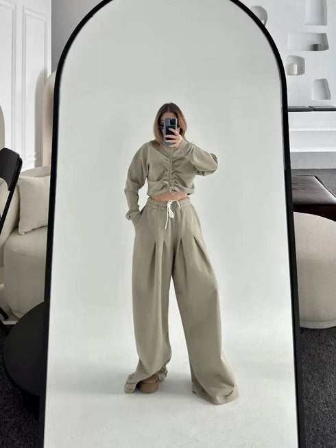 Uzun Kollu Önü İp Büzgülü Crop ve Pantolon İkili Takım - Haki