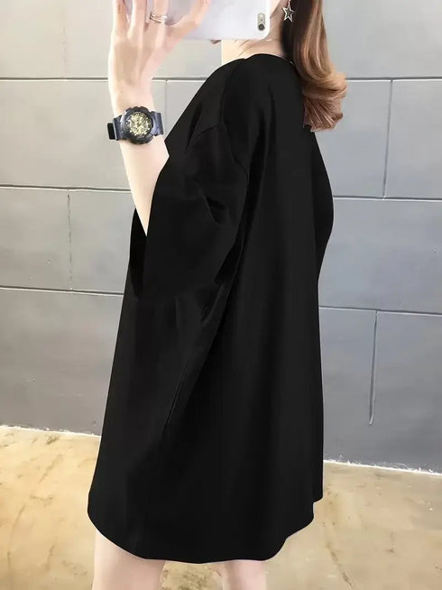 Baskılı Oversize Bisiklet Yaka T-shirt - Siyah