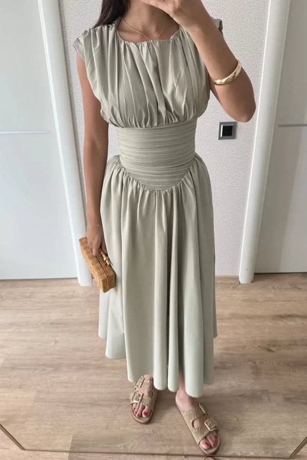 Kadın Kolsuz Bel Detaylı Yazlık Poplin Kumaş Uzun Elbise - Yeşil