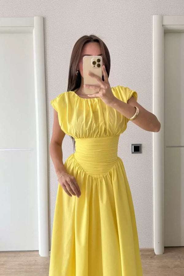 Kadın Kolsuz Bel Detaylı Yazlık Poplin Kumaş Uzun Elbise - Sarı