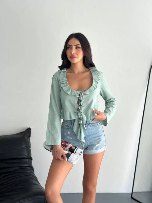 Keten Uzun Kol Bağacık Detaylı Bluz - Yeşil