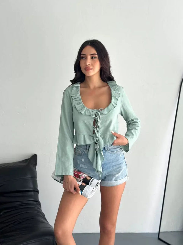 Keten Uzun Kol Bağacık Detaylı Bluz - Yeşil