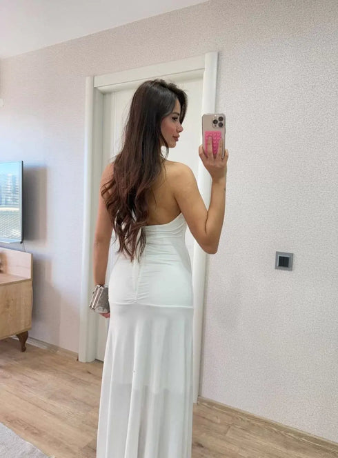 Sırt dekolteli Uzun Kollu Elbise - Beyaz