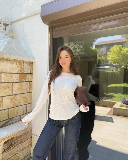 Bisiklet Yaka uzun Kollu Bluz - Beyaz