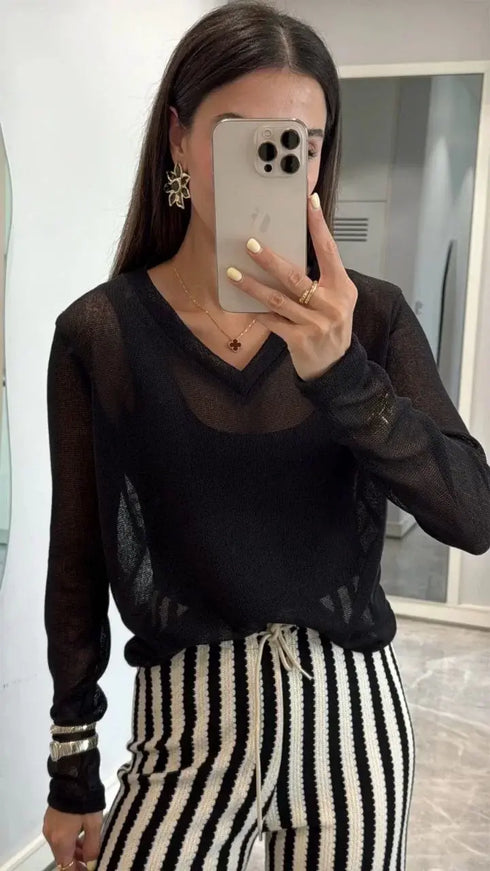 V Yaka uzun Kollu Triko ince Bluz - Siyah