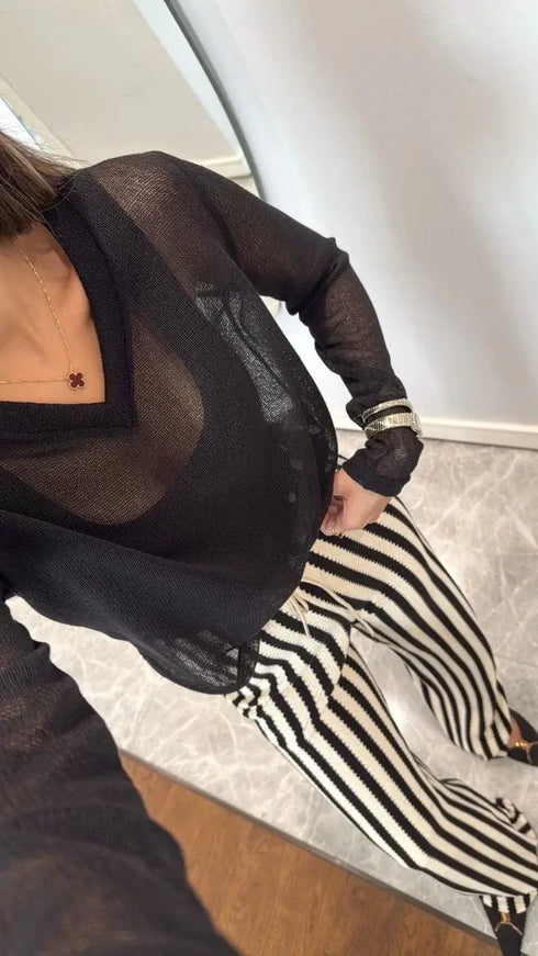 V Yaka uzun Kollu Triko ince Bluz - Siyah