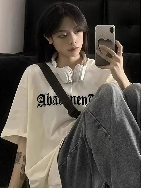 Örümcek Ağı Desenli Baskılı Oversize Bisiklet Yaka T-shirt - Beyaz