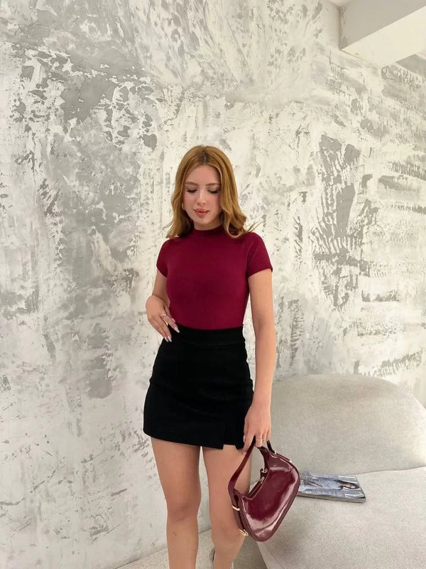 Kadın Kısa kol Badi bluz - Bordo