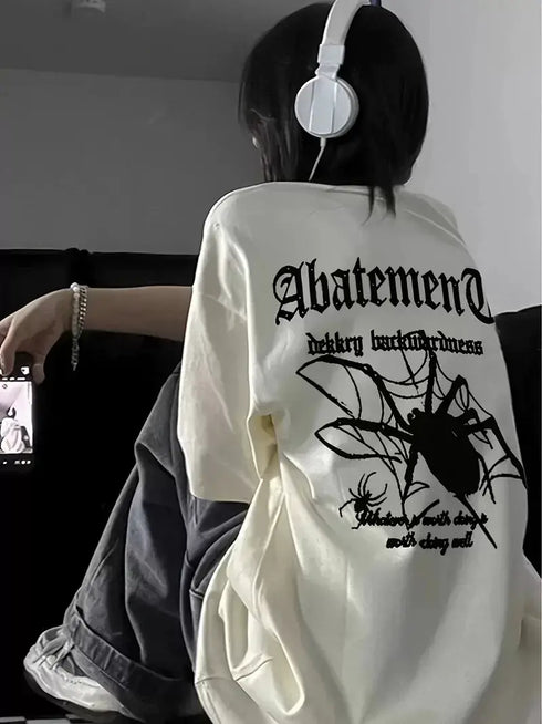 Örümcek Ağı Desenli Baskılı Oversize Bisiklet Yaka T-shirt - Beyaz