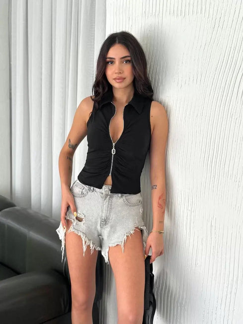 Yakalı Tam Fermuarlı Kolsuz Bluz - Siyah