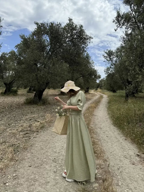 Kadın Keten Kısa Kollu uzun Elbise - Mint Yeşili