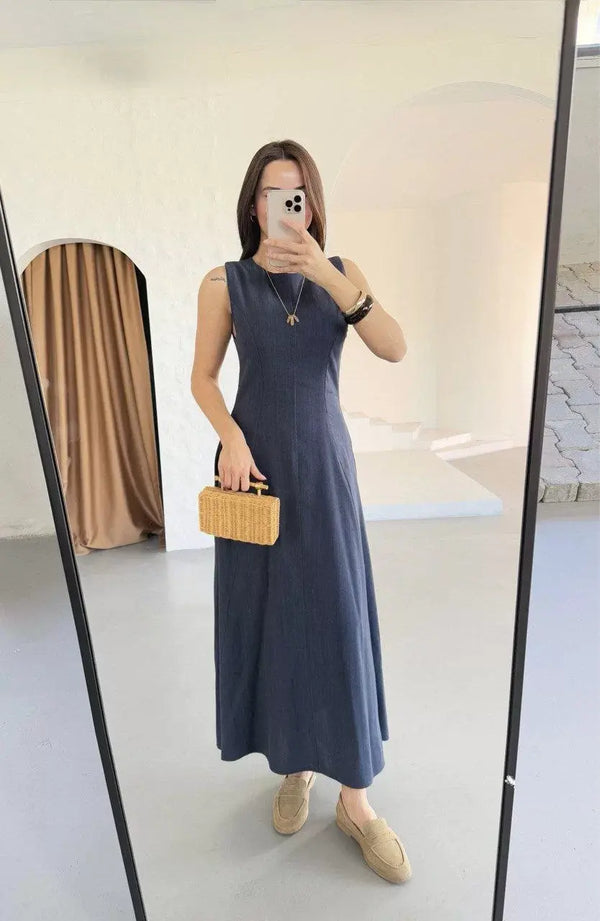 Keten Kolsuz Uzun Sırtı Kapalı Bisiklet Yaka Elbise- Mavi