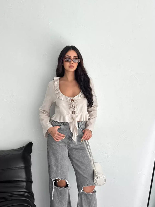 Keten Uzun Kol Bağacık Detaylı Bluz - Bej