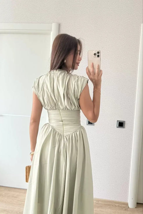 Kadın Kolsuz Bel Detaylı Yazlık Poplin Kumaş Uzun Elbise - Yeşil