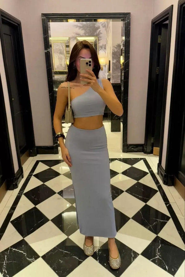 Yandan yırtmaçlı Uzun Etek asimetrik crop İkili Takım - Bebek Mavisi