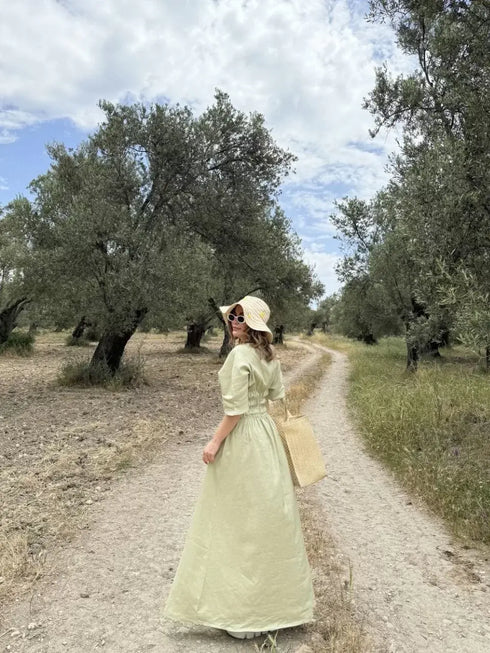 Kadın Keten Kısa Kollu uzun Elbise - Mint Yeşili