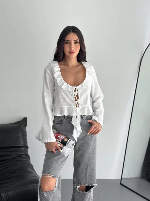 Keten Uzun Kol Bağacık Detaylı Bluz - Beyaz