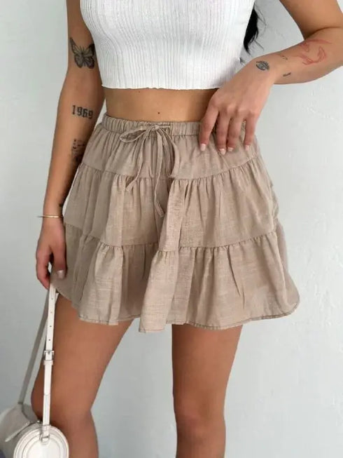 Keten Şortlu Etek - Açık Kahve