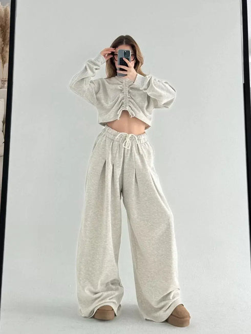 Uzun Kollu Önü İp Büzgülü Crop ve Pantolon İkili Takım - Gri